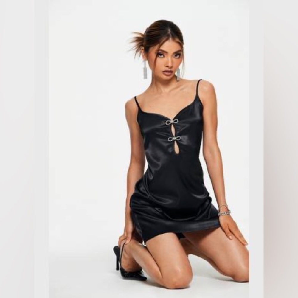 Satin Rhinestone Bow Decor Backless Cami Mini Dress